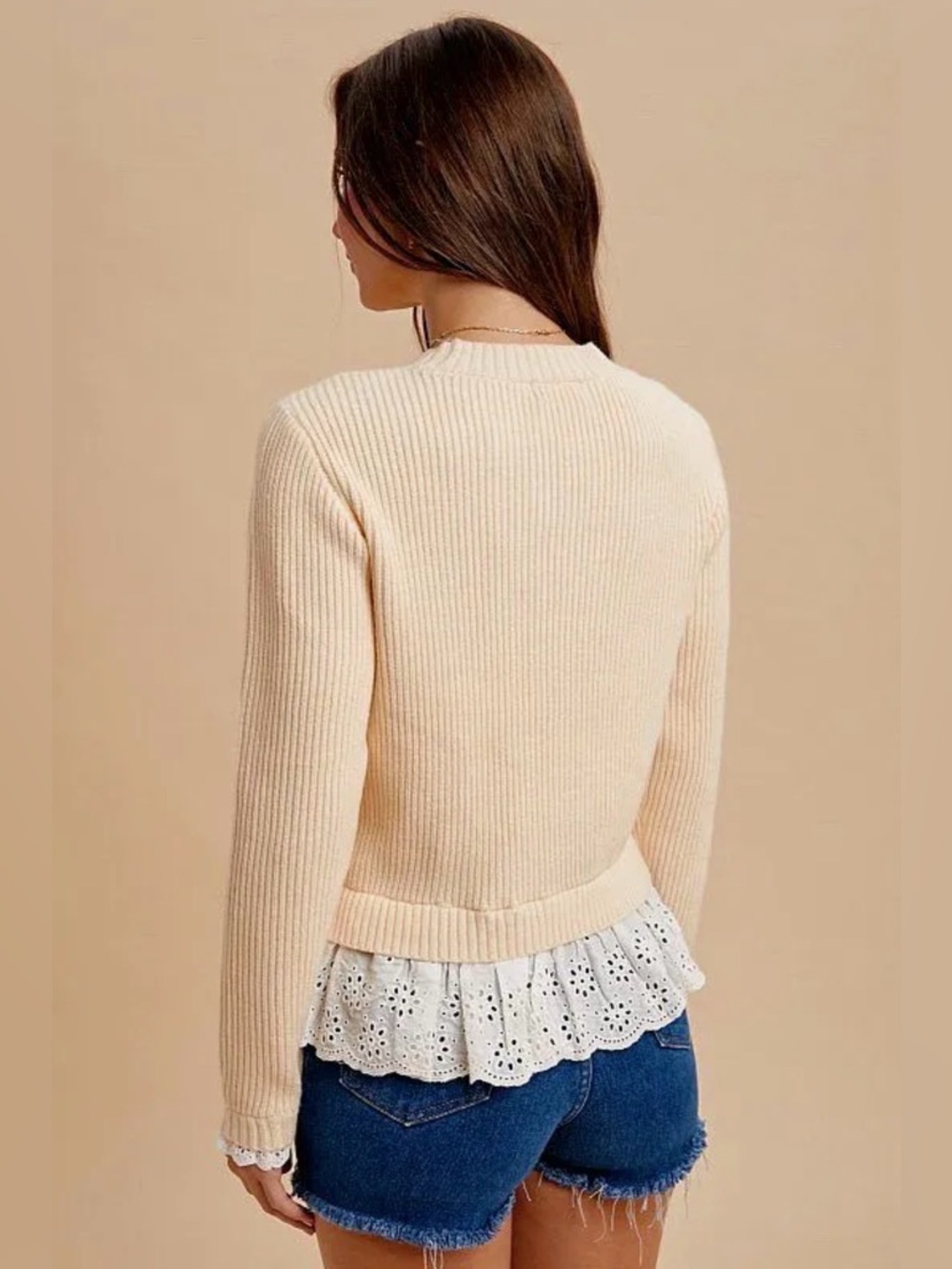 Lace Trim Rib Knit Sweater Cream NWT | AnnieWear | S - Picture 5 of 5